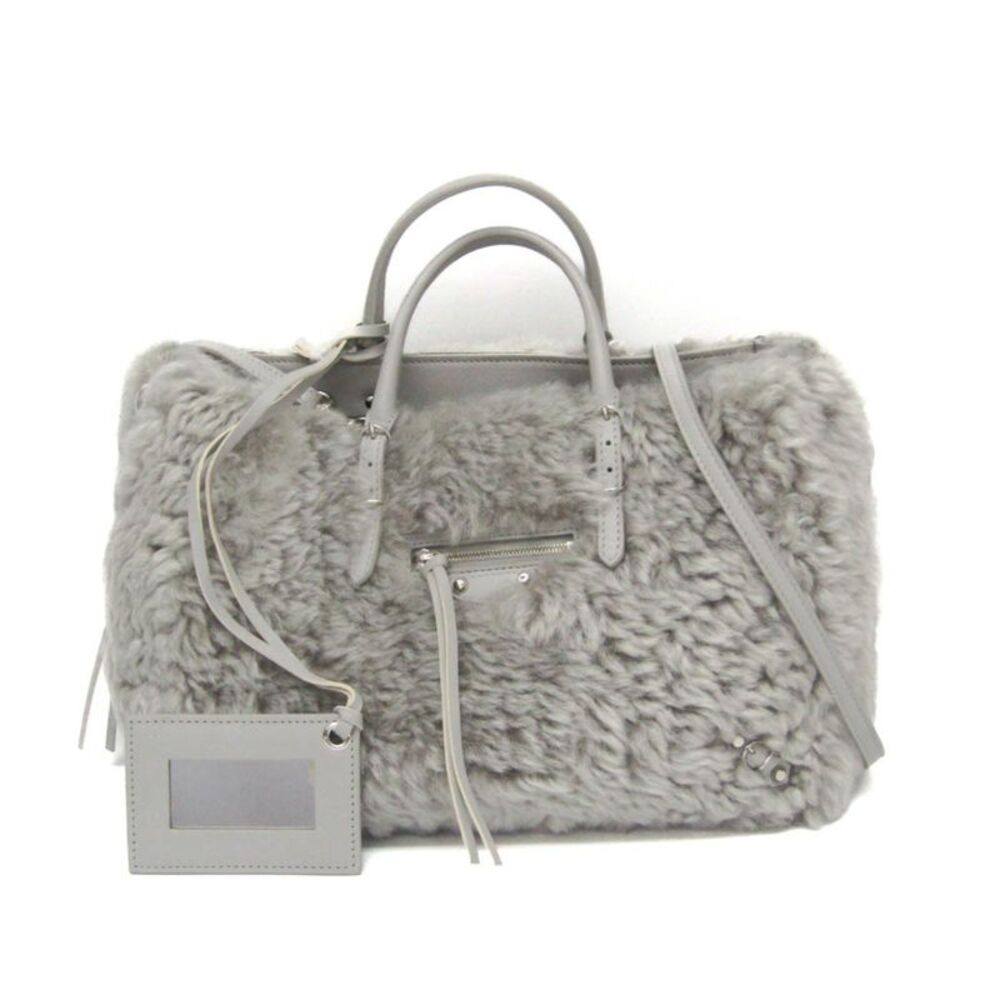 Balenciaga Papier A6 Zip Around Classic Studs Shearling Gray Faux_Fur Handbag